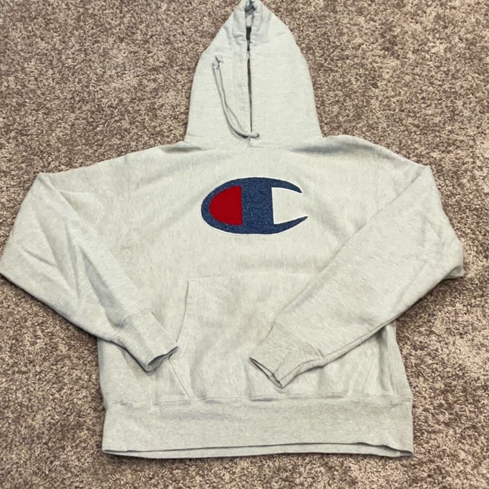 Champion Light Gray Hoodie with Blue and Red Logo, Size M